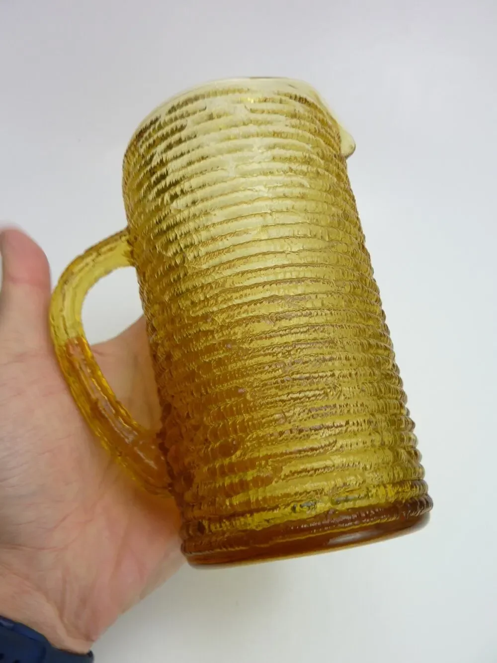 Vintage Small Glass Juice Bedside Pitcher Soreno Honey Gold Yellow 1970s MCM